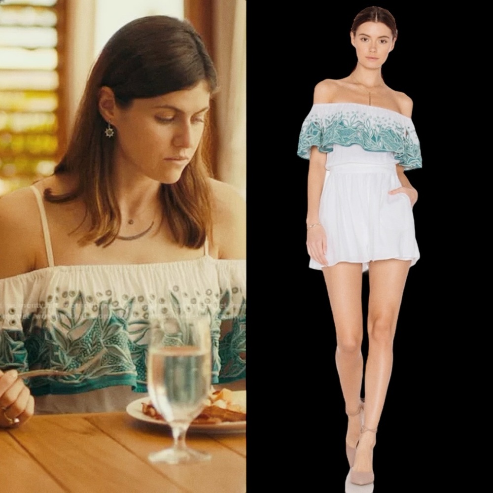 Mara Hoffman White and Teal Off-Shoulder Romper